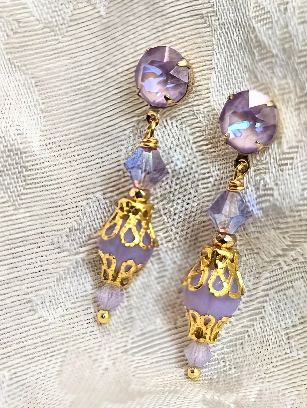 Victorian Delicate & Dainty Purple AB Swarovski & Glass In Gold Plated Earrings
